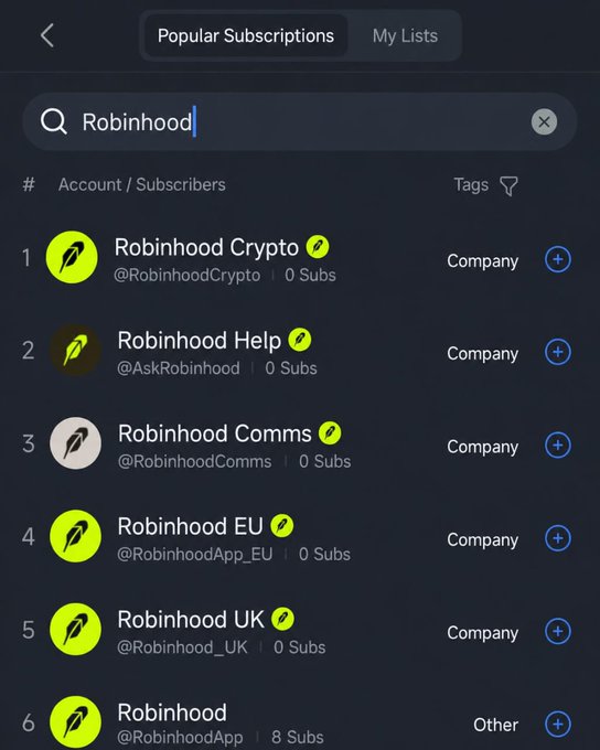 A mobile app interface showing a search for 'Robinhood' under 'Popular Subscriptions,' displaying accounts like Robinhood Crypto, Robinhood Help, Robinhood Comms, Robinhood EU, Robinhood UK, and Robinhood.
