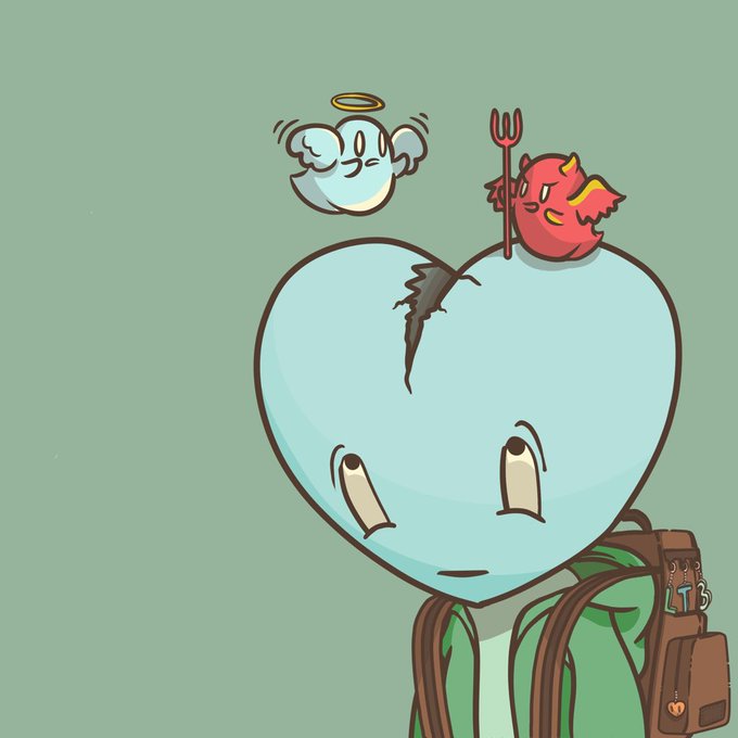A digital drawing of a sad, cracked blue heart-shaped character with an angel halo and a small red devil with a pitchfork sitting on its shoulder, wearing a green shirt and a brown backpack labeled 'LTB'.