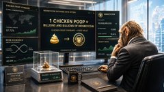 The image shows a person in a dark suit sitting at a desk, watching a large digital display that reads "1 CHICKEN POOP = 8 GIGAWATTS OF ENERGY" with a conversion graphic showing a chicken icon linked to an energy bolt symbol, surrounded by various data panels and percentages (50.75%).

The caption contrasts the absurd, meme-like "1 Chicken Poop = 8 Gigawatts of Energy" formula on the screen with the post's serious claim about MonkeyCoin bridging Web2 to Web3 with over 20 million potential users, suggesting the image humorously mocks the pseudo-scientific marketing often used to legitimize meme coin ecosystems.