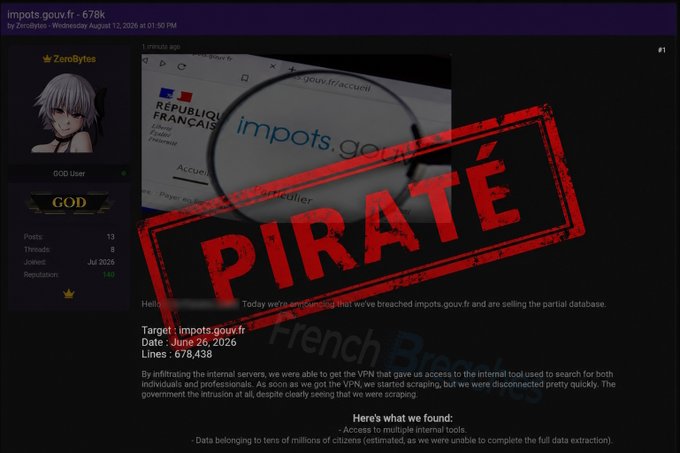 A forum post screenshot from a user named ZeroBytes with a 'GOD' rank, announcing a breach of impots.gouv.fr marked with a large red 'PIRATE' stamp.