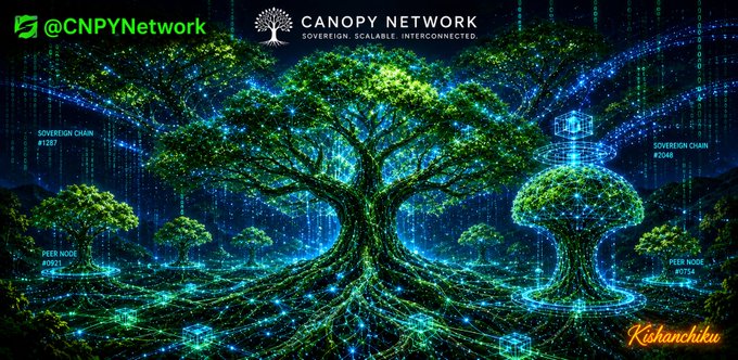 A digital artwork showing luminous trees connected by glowing roots, branded as 'CANOPY NETWORK' with the handle '@CNPYNetwork' and the tagline 'SOVEREIGN. SCALABLE. INTERCONNECTED.'