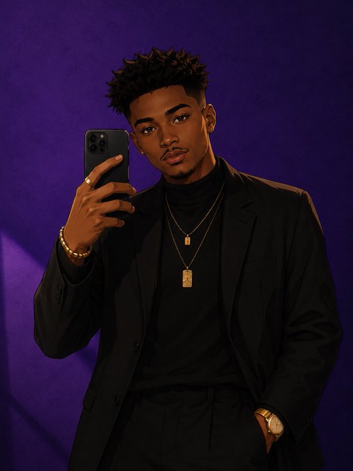 A stylized digital illustration of a young man taking a mirror selfie with a smartphone; he wears a black turtleneck and blazer, accessorized with two gold pendant necklaces, a gold watch, and a bracelet, against a deep purple background.