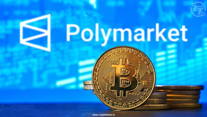 A promotional image featuring a physical Bitcoin token stacked on coins with the Polymarket logo and branding displayed against a blue background.