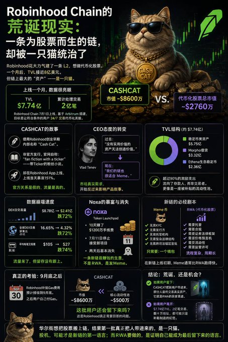 An infographic in Chinese about 'Robinhood Chain' featuring a cat wearing sunglasses labeled 'CASHCAT' with a market value of -$8600万, comparing it to other tokens, and including sections on the CEO Vlad Tenev's transformation, TVL structure, DEX trading volume speed decline, and the 'Noxb' launch.