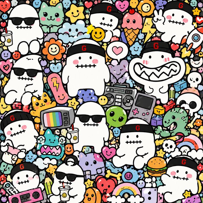 A dense, colorful sticker-style pattern featuring cute ghosts wearing 'G' caps, cats, monsters, boomboxes, hearts, and various kawaii doodles packed together.