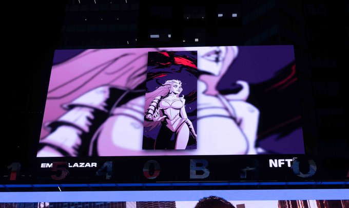 An outdoor billboard at night displays stylized anime/fantasy character artwork in purple and white tones, with 'EM LAZAR NFT' branding visible at the bottom.