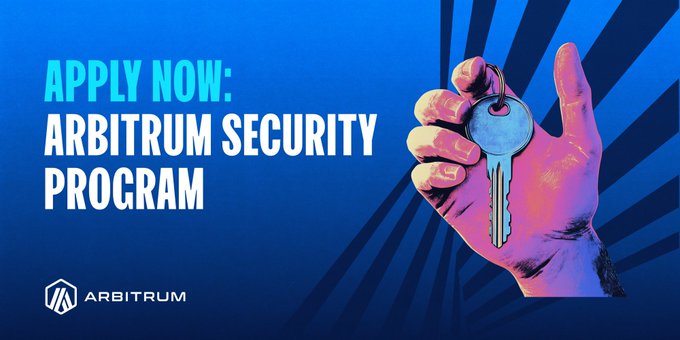 A blue promotional banner reading 'APPLY NOW: ARBITRUM SECURITY PROGRAM' featuring a stylized pink hand holding a key, with the Arbitrum logo at the bottom.