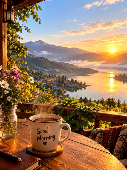 A 'Good Morning' coffee mug sits on a wooden table beside a vase of wildflowers, overlooking a scenic lake and mountains at sunrise.