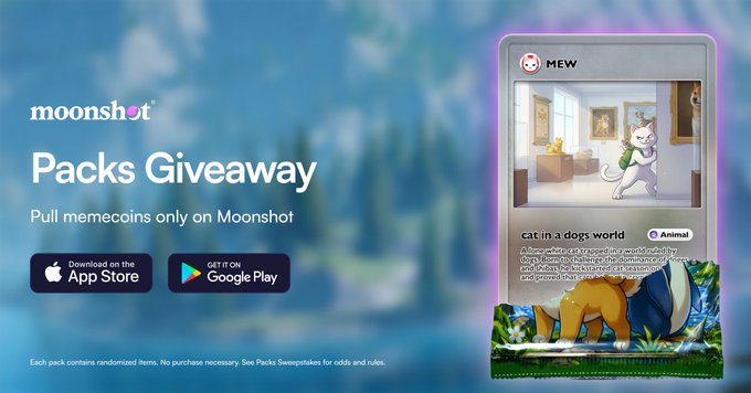The image features a card from Moonshot that has an illustration of a cat sitting inside a house, with a person standing outside holding a dog. The text on the card reads "mews got its own card in moonshot packs to celebrate, we're giving away 10 casual packs to 10 lucky users to enter: reply with your moonshot username RT, like, and follow @mew & @moonshot Ends at 11:59PM ET". This post is related to the Moonshot Packs Giveaway because it announces a pack giveaway for a cat-themed game. The image also includes an app store logo in the bottom right corner of the card.