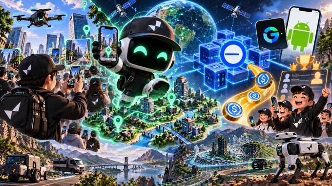 A colorful AI-generated illustration depicts a futuristic scene with a robot character, drones, smartphones, cryptocurrency icons, and a diverse crowd celebrating technology.