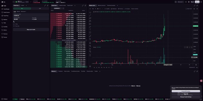 A cryptocurrency trading platform interface displaying the Pepecoin (PEP) chart on the "Pulse" exchange, showing real-time market data with candlestick patterns indicating a recent sharp price spike, accompanied by an order book and volume indicators. A disclaimer popup at the bottom right notes that the system uses cookies to enhance user experience and offers options to manage cookie settings.