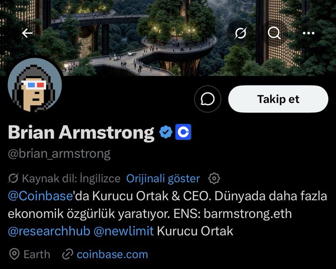 A Twitter profile for Brian Armstrong (@brian_armstrong), CEO of Coinbase, with Turkish text describing him as creating economic freedom.