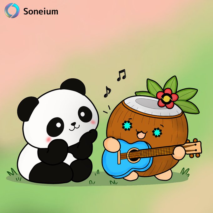 Soneium illustration of a cute panda next to a coconut character playing a blue guitar with music notes floating above.