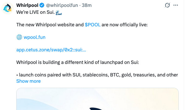 A tweet from Whirlpool (@whirlpoolfun) announcing 'We're LIVE on Sui,' with the new Whirlpool website and $POOL officially live, linking to wpool.fun and describing a launchpad on Sui for coins paired with SUI, stablecoins, BTC, gold, and treasuries.