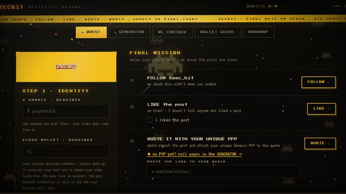 ZECBIT Whitelist Arcade quest page with a pixel-art retro game aesthetic, showing step-by-step instructions (Identify, Follow @zec_bit, Like, Quote) and a final mission panel.