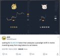 The image shows two "FLUFFY MAYHEM" meme-style collectible cards: a grumpy cat (#2351) with "I LOVE MOM" tattoo and a laughing cat with a noose (numbered 6322). The post "$LMEOW" ties into the meme coin's playful branding, with these cards parodying mainstream NFT collectibles to promote the $LMEOW token.