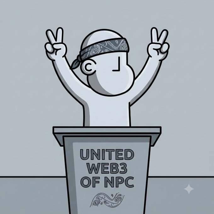 A cartoon illustration of a faceless NPC character wearing a bandana, raising both hands in peace signs while standing behind a podium labeled 'UNITED WEB3 OF NPC'.