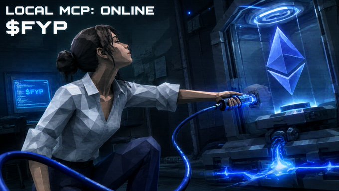 A digital illustration of a woman operating machinery with an Ethereum logo, with text reading 'LOCAL MCP: ONLINE' and '$FYP'.