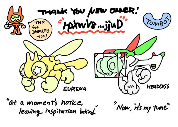 Hand-drawn sketches of Pokémon characters (including what appears to be an orange fox-like creature, a yellow 'Eureka' Pokémon, and a white 'Headless' Pokémon) with handwritten English text including 'Thank you new owner!', 'tpxwBv...yjuD', 'THX for impulses too!', 'TOMBO', 'at a moment's notice leaving inspiration behind', and 'Now, it's my tune'.