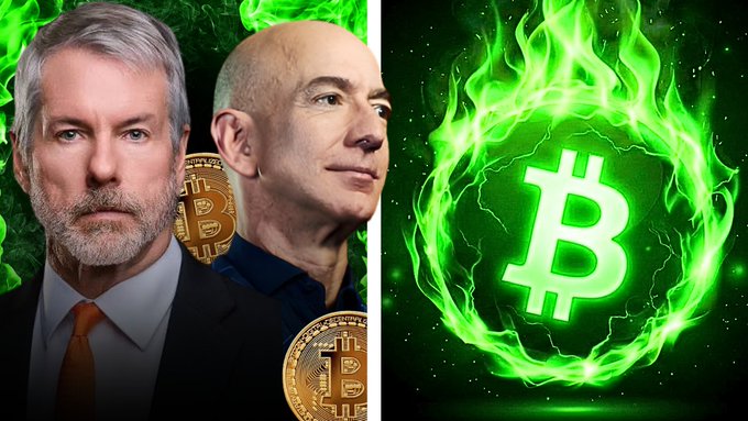 A YouTube thumbnail showing two men (one resembling Michael Saylor) alongside green Bitcoin imagery and a flaming Bitcoin logo.