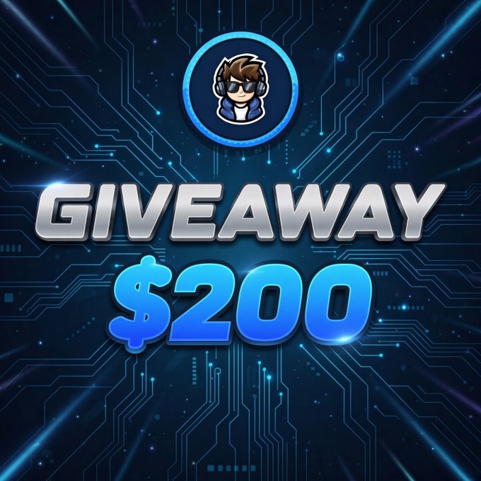 A promotional graphic announcing a "$200 GIVEAWAY," featuring a gamer avatar logo and a futuristic circuit board design in blue tones, corresponding to the crypto giveaway contest described in the post.