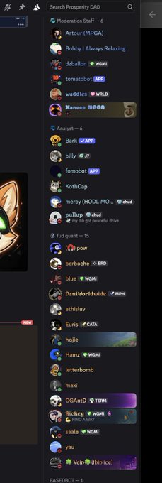 A mobile app screen showing a chat list with various users categorized under groups like "Moderation Staff," "Analyst," and "Fut quant," featuring usernames matching the tagged individuals including Artoour, Bobby, dzbillion, waddles, Xaneco, billy, KothCap, mercy, pullupp, pow, berboche, blue, DaniWorldwide, ethisluv, Euris, hajje, Hamz, letterbomb, maxi, OGANiD, Rickey, saale, and yau.
