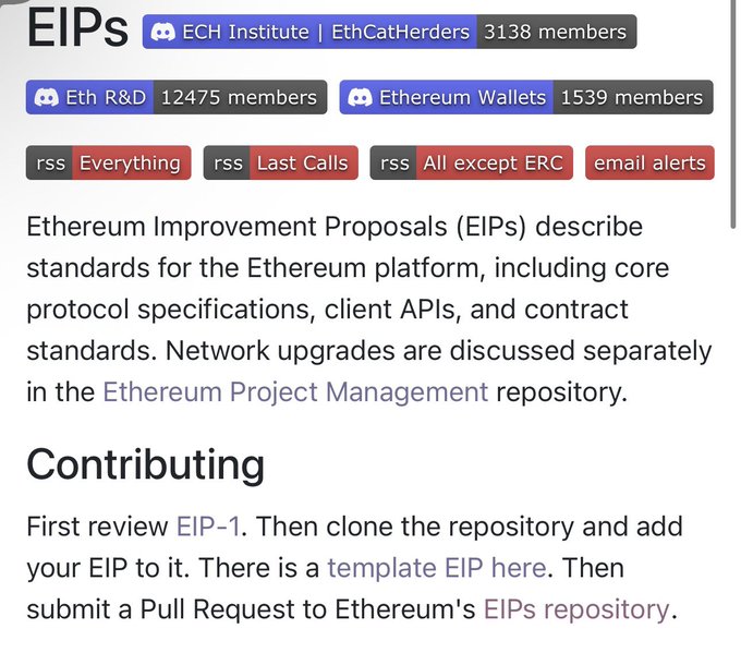 A screenshot of a webpage about Ethereum Improvement Proposals (EIPs), showing category tags like 'ECH Institute | EthCatHerders' with 3138 members, 'Eth R&D' with 12475 members, and 'Ethereum Wallets' with 1539 members.