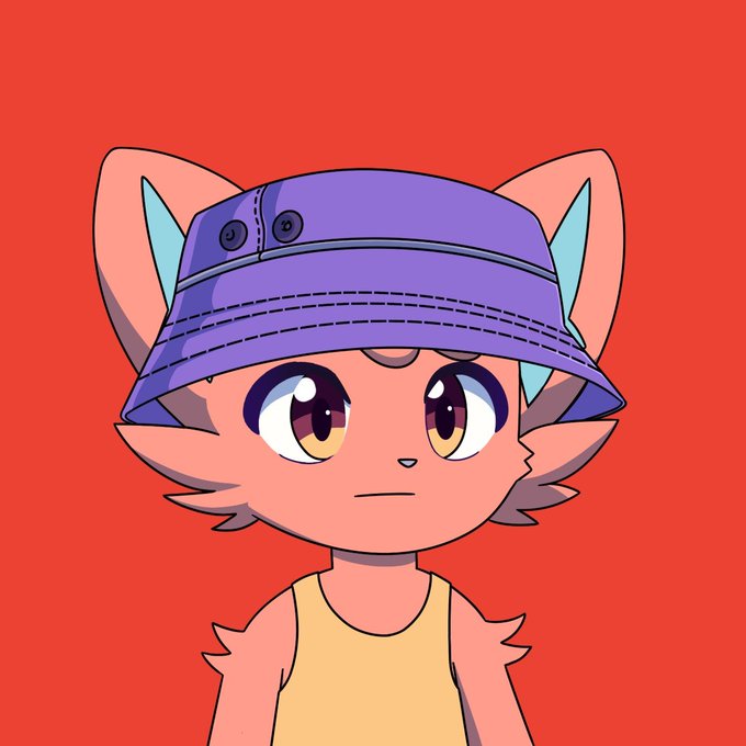 The image features a cartoon cat wearing a purple hat, which has two buttons on its front. The cat appears to be looking at the camera with an expression of curiosity or interest. The background color is red, creating a striking contrast that makes the cat stand out even more. There are no texts present in the image, and it does not contain any other objects or characters besides the cartoon cat wearing the hat.