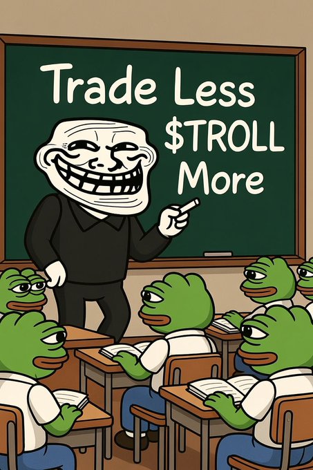 A troll face meme standing in front of a classroom full of Pepe the Frog students at desks, with a chalkboard reading 'Trade Less $TROLL More'.