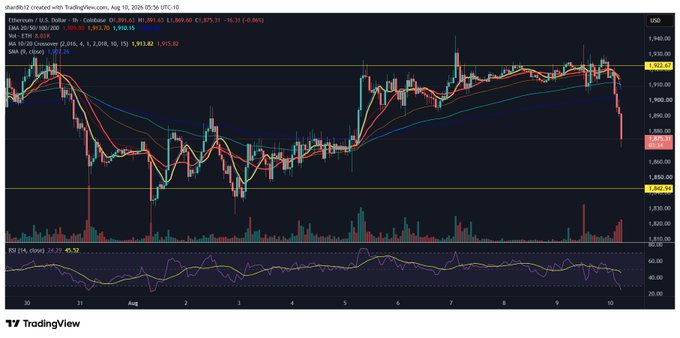 A TradingView candlestick chart of Ethereum (ETH) shows a sharp decline on August 10, with price dropping toward $1,876 and the RSI (14) at 26.29, indicating oversold conditions—aligning with the poster's bearish take that surge in meme coin chatter often signals a top worth shorting.