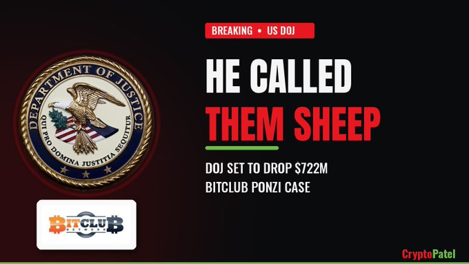 A YouTube thumbnail features the US Department of Justice seal alongside bold text reading "BREAKING • US DOJ," "HE CALLED THEM SHEEP," and "DOJ SET TO DROP $722M BITCLUB PONZI CASE," with the IT Club Network logo and "CryptoPatel" branding, promoting a video about the DOJ's move to dismiss charges against BitClub Network's alleged mastermind, Matthew Goettsche.