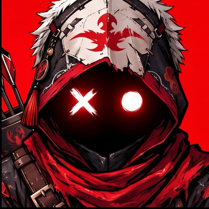 A stylized anime-style illustration features a mysterious hooded character with a fur-trimmed hood adorned with a red emblem, displaying glowing white 'X' and 'O' symbols on a dark face against a bright red background.