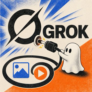 The image features a cartoon illustration of a ghost with a camera attached to its neck, holding a microphone. The ghost appears to be speaking into the microphone or recording something. Below the ghost, there's an orange circle containing a picture of a person and a video player icon. The caption below the image reads "Grok".