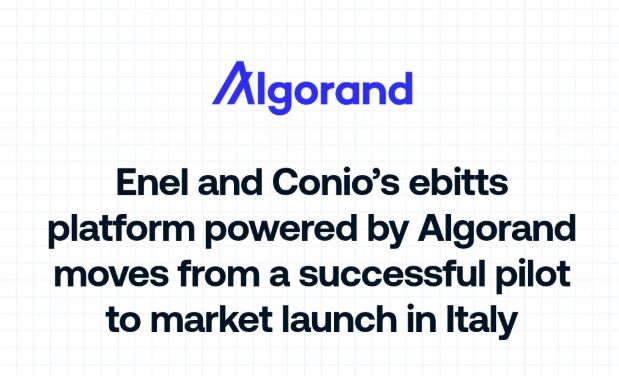 A graphic featuring the Algorand logo and the text: 'Enel and Conio's ebitts platform powered by Algorand moves from a successful pilot to market launch in Italy'.