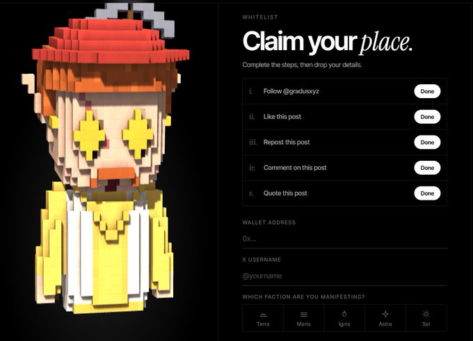 A 'Claim your place' whitelist signup page for a crypto/NFT project featuring a 3D voxel-style character with a red hat and yellow eyes, requiring wallet address and selection of a faction (Terra, Manis, Ignis, Astra, Sol).