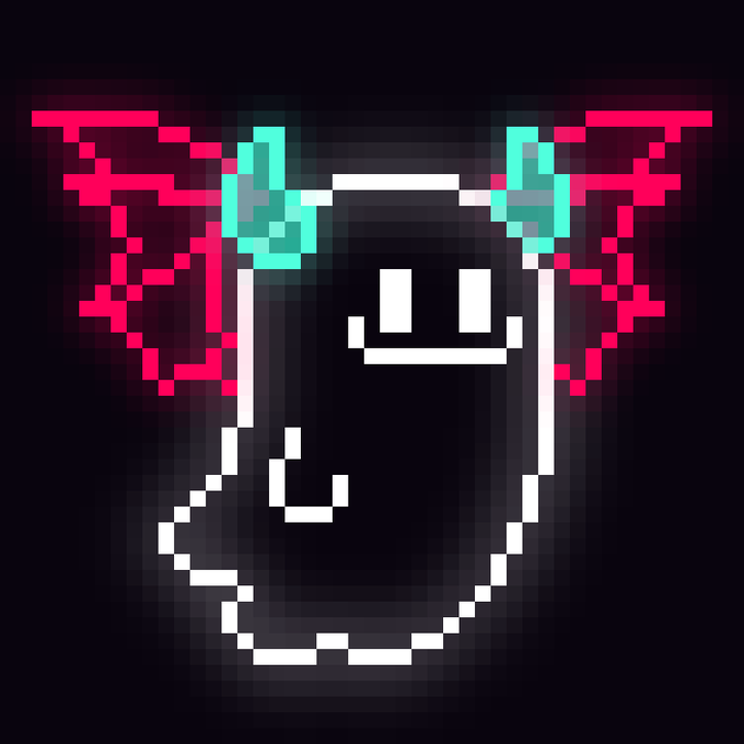 Pixel art illustration of a dark, ghost-like creature with glowing cyan eyes and bright pink/red jagged wings against a black background.