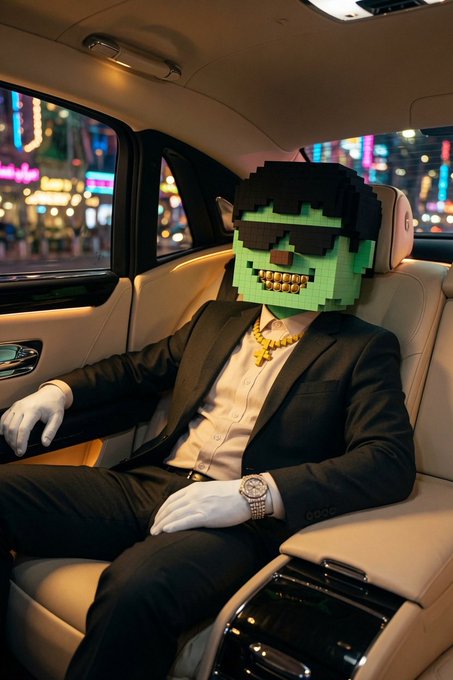 A figure wearing a pixelated green blocky mask—reminiscent of an NFT NFT-style avatar—sits in luxury inside a high-end vehicle, dressed in a sharp suit with a gold "stonk" chain and flashy watch, embodying the satirical flex culture of crypto trading. The post's message about selling before the NFT floor drops plays on the image's blend of ostentatious wealth and cartoonish digital identity, mocking the illusion of status that often tempts traders to hold too long.