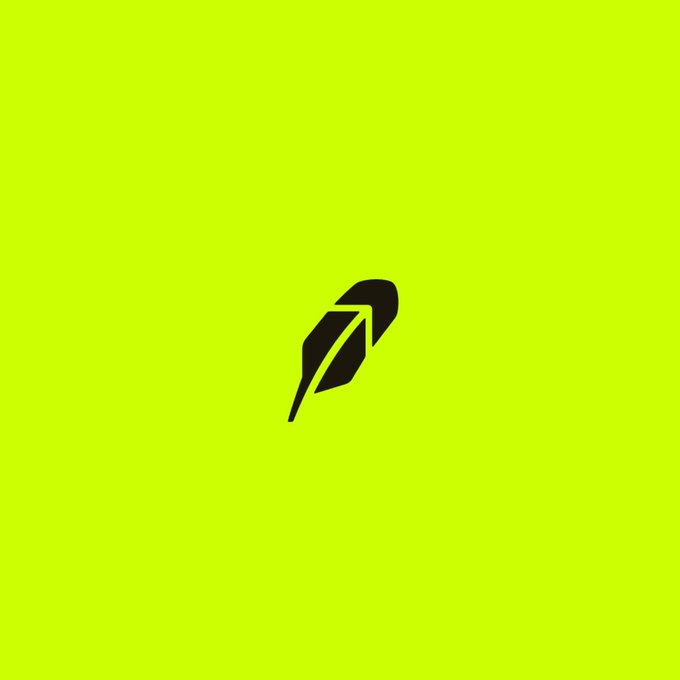 A small black stylized feather or leaf logo centered on a bright lime-green background, matching the "Be green not violet" theme of the post referencing NFT season on Robinhood.