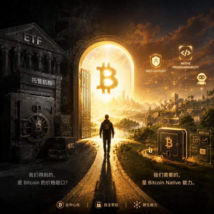 A digital artwork depicting a Bitcoin scene with an 'ETF 托管机构' (ETF Custodian) institution on the left and Bitcoin-native features ('SELF-CUSTODY', 'NATIVE PROGRAMMABILITY', 'AI') on the right, with Chinese text asking if we only got Bitcoin's price exposure rather than its native capabilities (去中心化 / 自主掌控 / 原生能力).