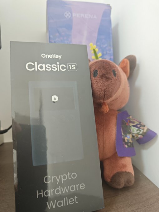 A box for a OneKey Classic 1S Crypto Hardware Wallet by PERENA sitting next to a brown plush reindeer toy.