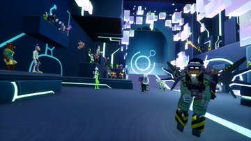 A screenshot of a multiplayer online video game featuring characters in a futuristic, neon-lit arena with floating cubes and geometric shapes.