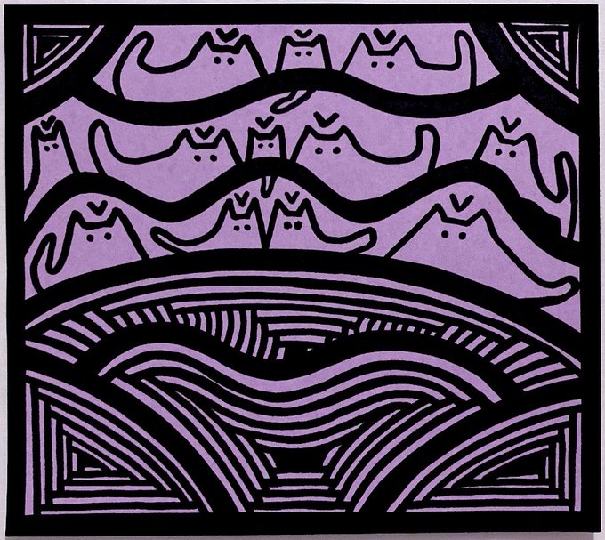 A purple and black stylized artwork featuring rows of cat-like faces with mustaches above wavy lines and geometric patterns.