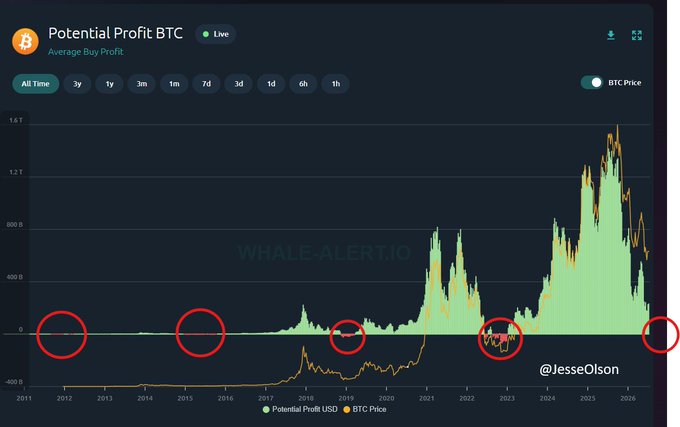 A Whale-Alert.io chart titled "Potential Profit BTC" tracks average buy price profit from 2011 to 2026, showing the orange BTC price line crossing into negative territory (circled in red) during past bear markets (2014-15, 2018, 2022), while current unrealized gains remain positive at ~$231B—suggesting the bottom isn't in until profit turns negative again.