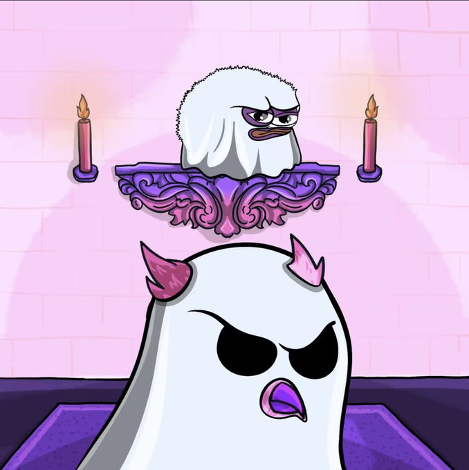 A cartoon scene featuring two ghosts in a pink room, one small ghost wearing a sheet on a shelf between two candles, looking down at a larger ghost below with an angry expression.