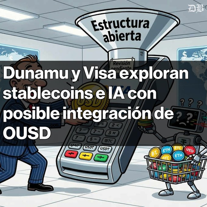 An editorial cartoon featuring a business figure and a robot next to a cash register labeled 'Estructura abierta', with the headline 'Dunamu y Visa exploran stablecoins e IA con posible integración de OUSD'.