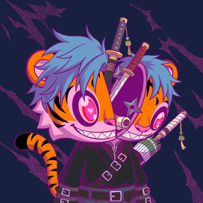 Digital art of a stylized, chibi-style anime character with blue hair, tiger ears and tail, glowing purple eyes with heart pupils, wearing a black ninja-style outfit with swords on its back, set against a dark purple splatter background.