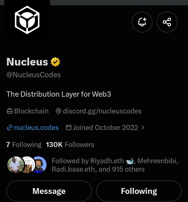 Twitter/X profile for Nucleus (@NucleusCodes), described as 'The Distribution Layer for Web3,' with 130K followers.