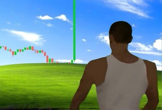 A man in a white tank top gazes over a grassy hill toward a sky where a large green candlestick shoots upward alongside smaller red and green candlesticks, symbolizing a bullish stock market surge that complements the caption "It's a good day to win."
