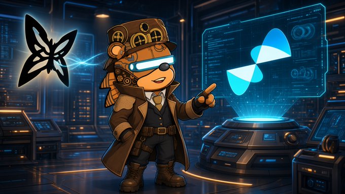 A steampunk-style monkey mascot in goggles and a brown trench coat points toward a glowing blue holographic display featuring the butterfly-shaped "Quip" logo and data panels, set in a futuristic tech lab. The image visually reinforces the post's theme of running the @quipnetwork node smoothly after a manager update, blending the post-quantum/tech-forward vibe with a playful, approachable mascot that makes the work feel accessible rather than experimental.