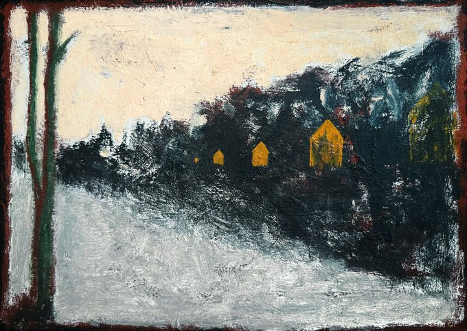 A moody, textured oil painting depicts a snowy twilight landscape with glowing yellow houses nestled among dark, shadowy hills, framed by a hand-painted border. The dim, fading sky and lone yellow windows evoke a fleeting, contemplative stillness—mirroring the post's meditation on impermanence and the urgency of catching one's frequency before the "curtain closes."